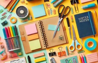 DALL·E 2025-03-12 20.04.44 - A vibrant and organized flat lay image showcasing stationery and office supplies. The composition includes notebooks, pens, pencils, sticky notes, a p