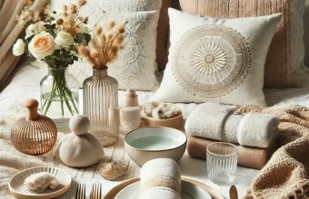 DALL·E 2025-03-12 20.04.59 - A stylish and cozy flat lay image showcasing home essentials for the 'Cama, Mesa e Banho' category. The composition includes soft towels, elegant bed