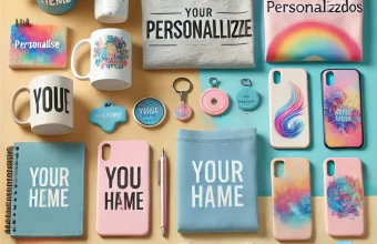 DALL·E 2025-03-12 20.14.08 - A creative and colorful flat lay image showcasing personalized items. The composition includes custom mugs, t-shirts, phone cases, keychains, notebook