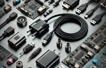 DALL·E 2025-03-12 20.17.23 - A modern and detailed flat lay image showcasing electronic accessories, specifically cables and components. The composition includes USB cables, HDMI